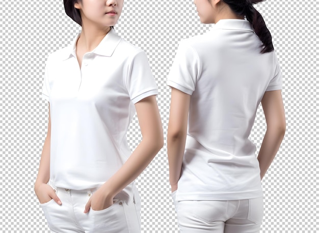 Young woman in white Polo shirt mockup front and back view Cutout