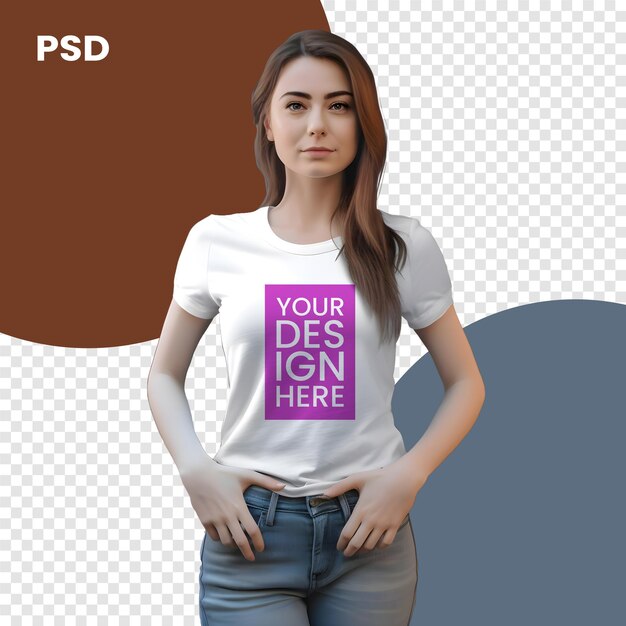 PSD young woman in white tshirt with slogan on it psd mockup