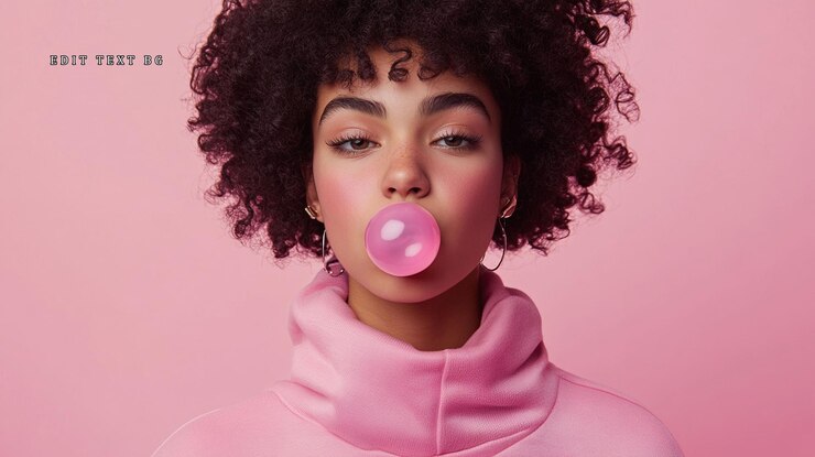 PSD young woman with afro blowing pink bubblegum against pink background