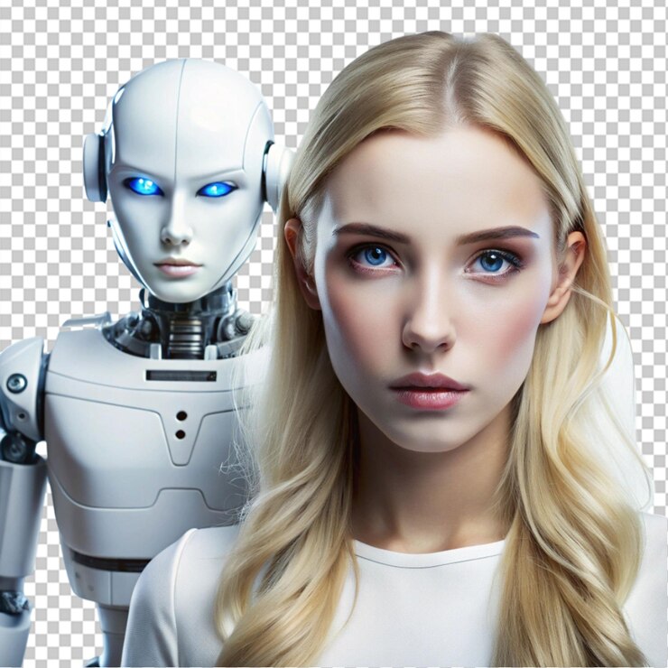 PSD a young woman with blond hair and blue eyes standing with robot science fiction day on transparent background
