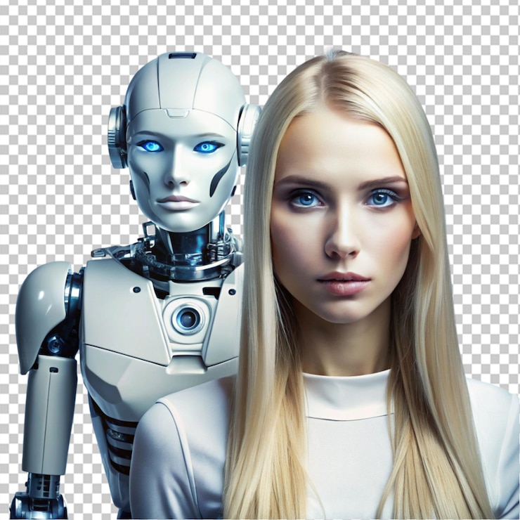 PSD a young woman with blond hair and blue eyes standing with robot science fiction day on transparent background