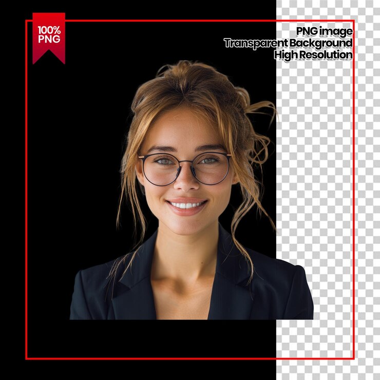 PSD a young woman with blonde hair wearing glasses and a black blazer background removed