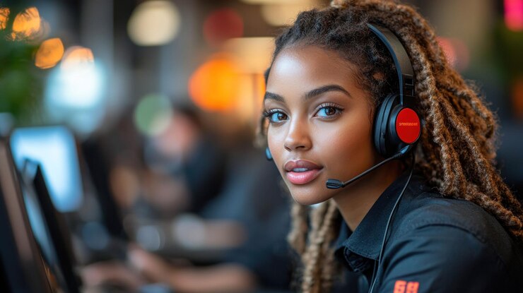 PSD a young woman with dreadlocks wears a headset and looks directly at the camera while working in an office