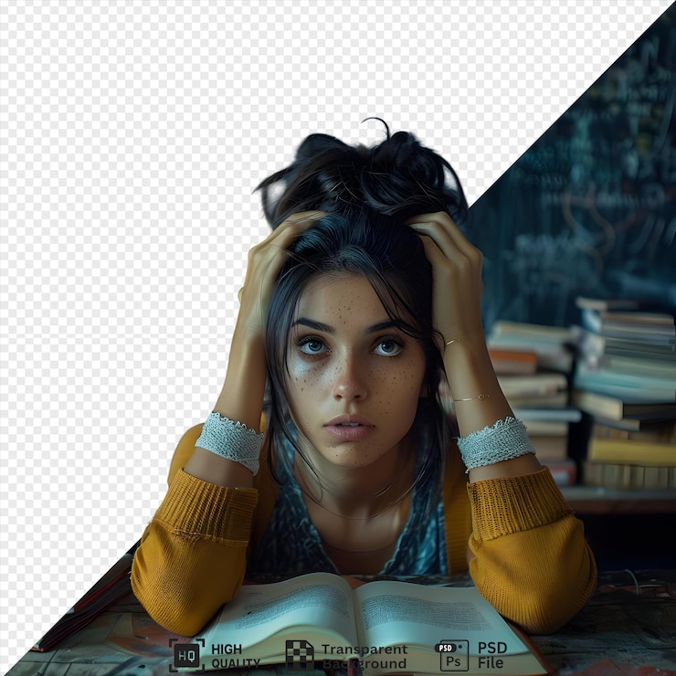 PSD a young woman with freckles sits at a desk with her hands on her head looking up at the camera surrounded by books isolated on a transparent background