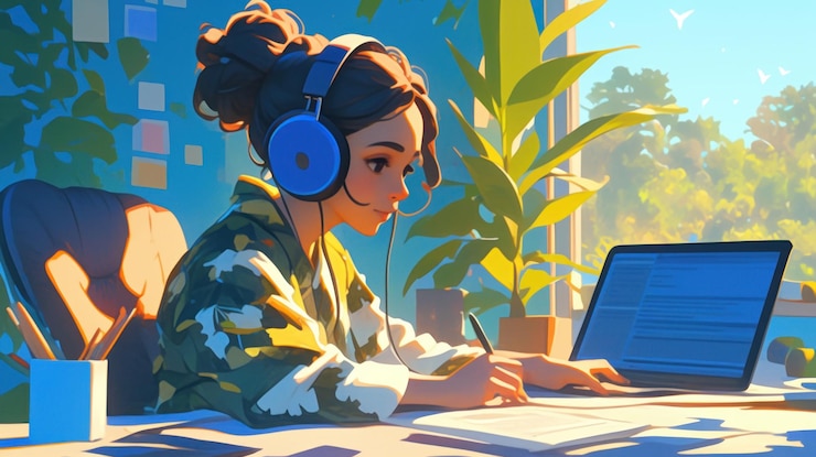 PSD a young woman with headphones on working on a laptop at a desk in a home office with a plant in the background
