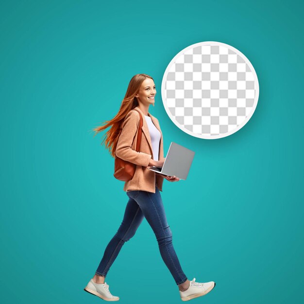 Young woman with laptop walking on white isolated background