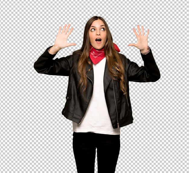 PSD young woman with leather jacket counting ten with fingers