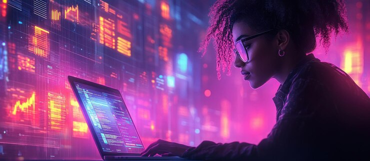PSD a young woman with pink hair and glasses is coding on a laptop in a brightly lit room the room is filled with colorful lights