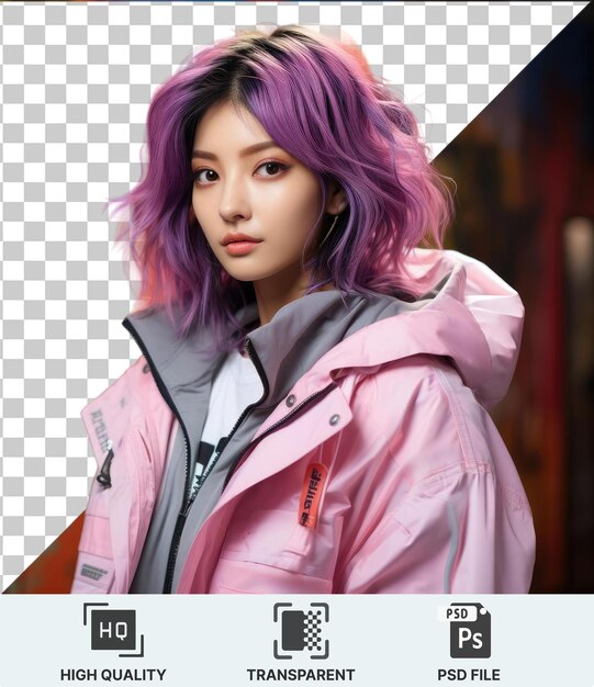 A young woman with purple hair wearing a pink jacket stands in front of a colorful wall with a black button visible on her jacket her brown eye is also visible in the image