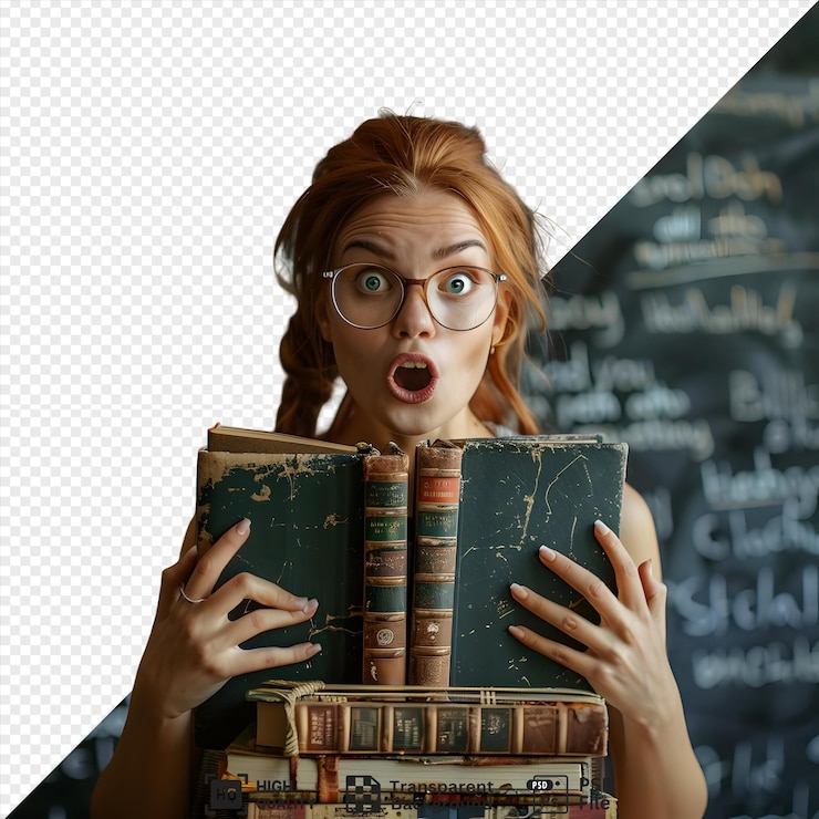 PSD young woman with red hair and glasses holding open an old book with a surprised expression standing in front of a blackboard with scribbled writing isolated on transparent background