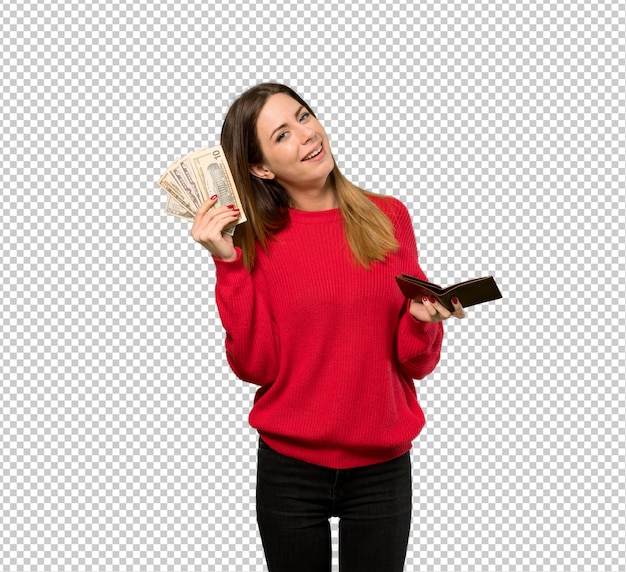PSD young woman with red sweater holding a wallet