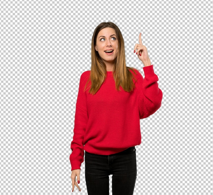 PSD young woman with red sweater intending to realizes the solution while lifting a finger up