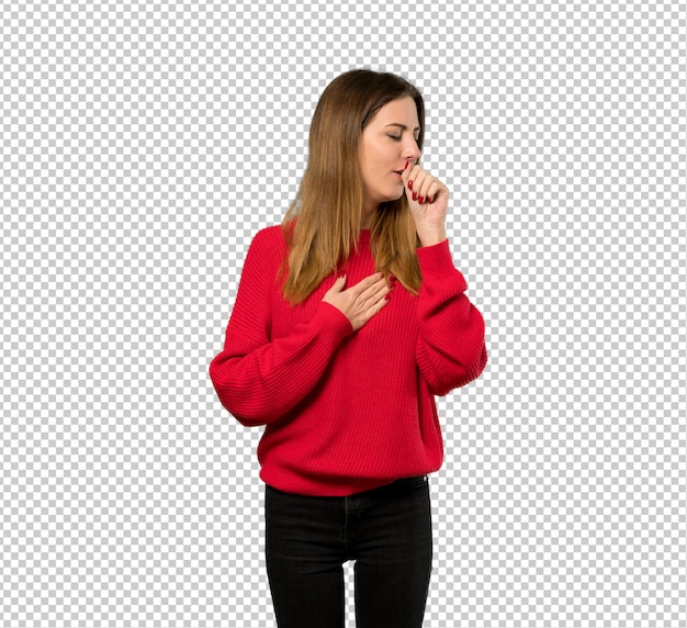 PSD la giovane donna con il maglione rosso sta soffrendo con la tosse e ritenendo cattiva