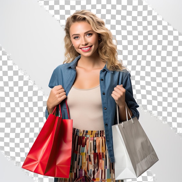 PSD Молодая женщина с сумками для покупок изолирована на прозрачном фоне
