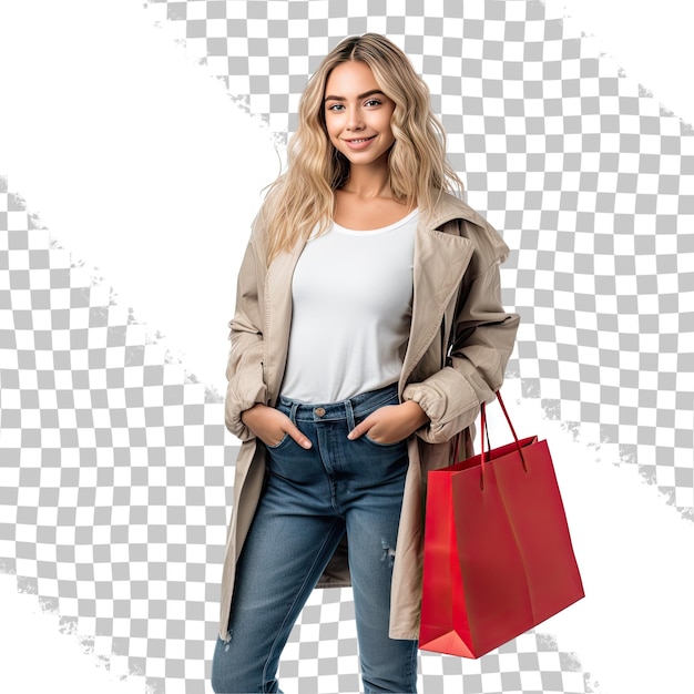Giovane donna con borse della spesa isolata su uno sfondo trasparente