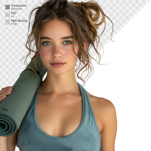 PSD young woman with yoga mat ready for fitness class