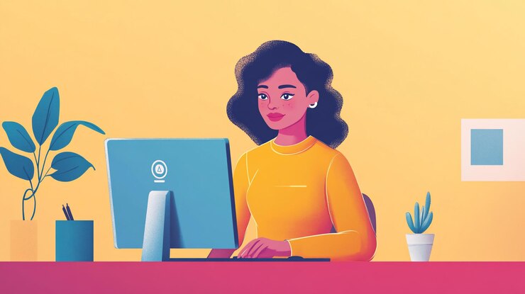 PSD young woman working on computer at home office