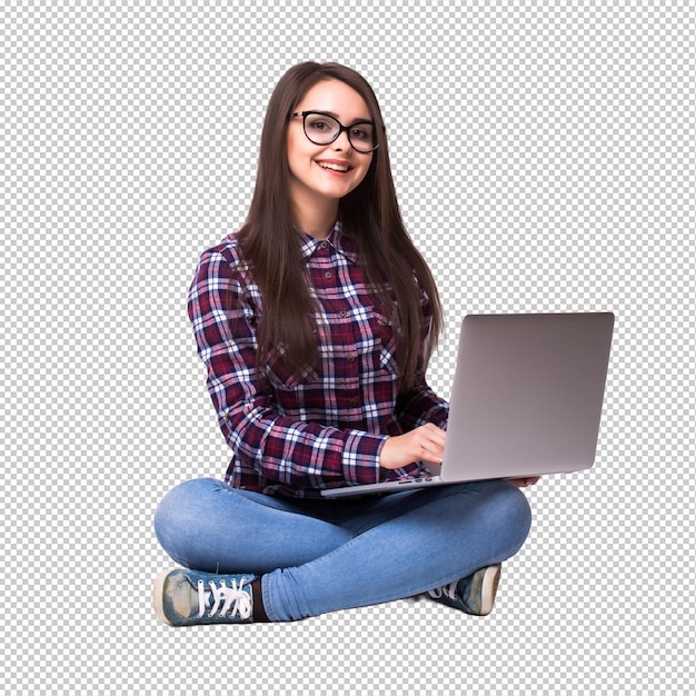 Young Woman Working On Laptop on the floor Over White Background