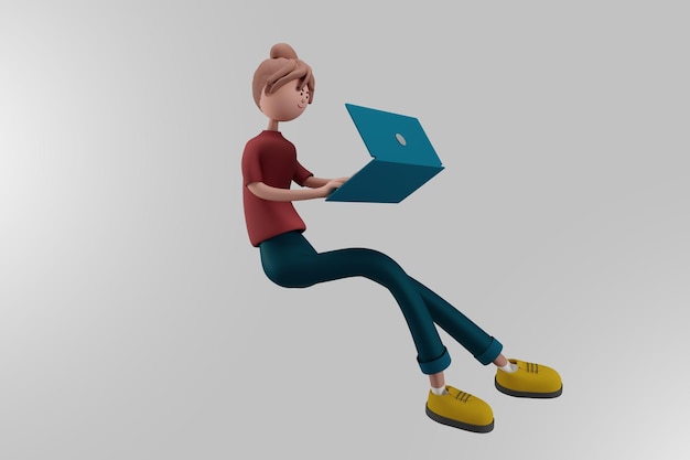 Giovane donna che lavora su laptop su sfondo isolato illustrazione 3d del concetto di business e tecnologia personaggi dei cartoni animati