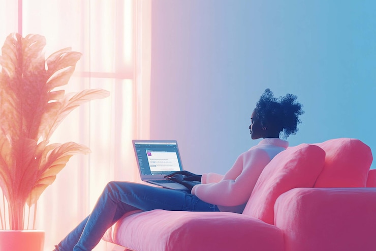 PSD young woman working on laptop in modern living room with soft colorful lighting