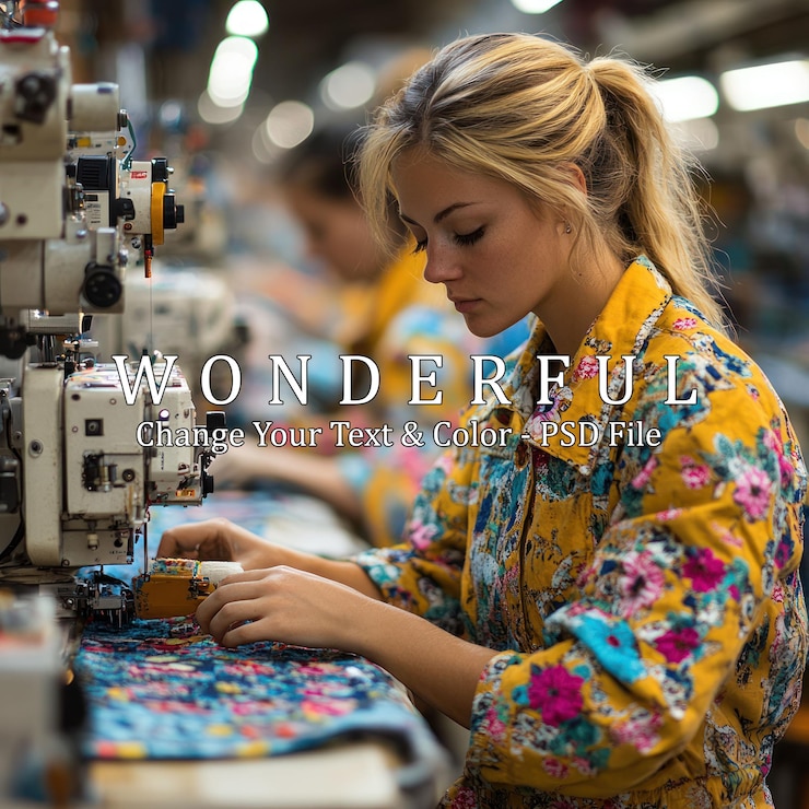 PSD a young woman works on a sewing machine in a factory