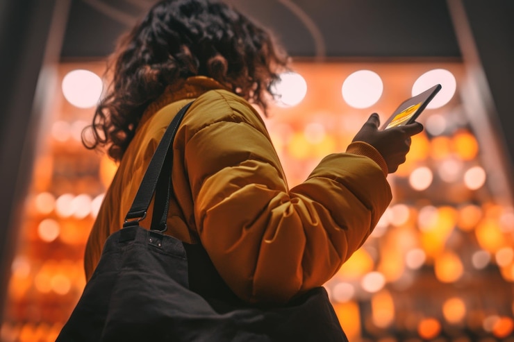 PSD a young woman in a yellow jacket walks at night looking at her smartphone