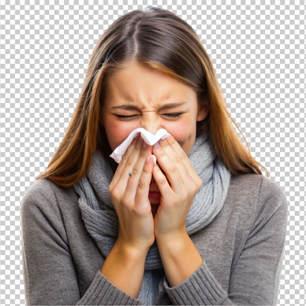 PSD young women sneezing on transparent background