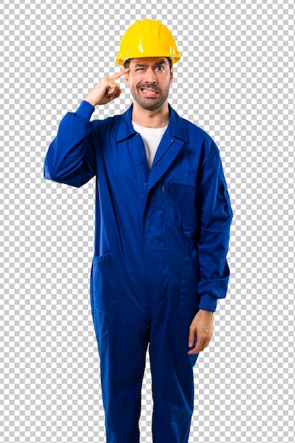 PSD young workman with helmet making the gesture of madness putting finger on the head