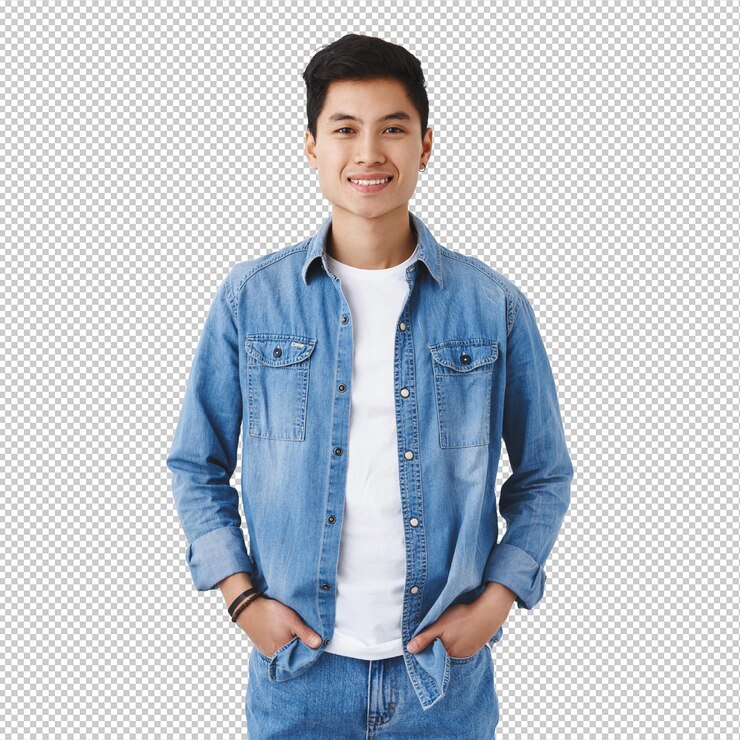 PSD youth career headhunter and lifestyle concept portrait of smiling young healthy asian guy smiling hold hands in pockets casually standing over white background pleased making good investment