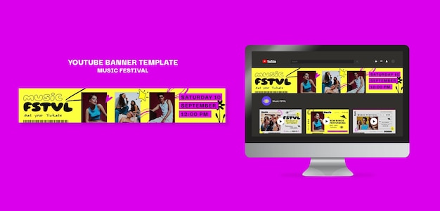 PSD modello di banner di youtube per festival di musica