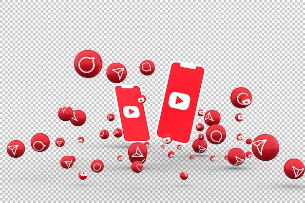 PSD Значок youtube на экране смартфона и youtube реакции любви emoji 3d визуализации на прозрачном фоне