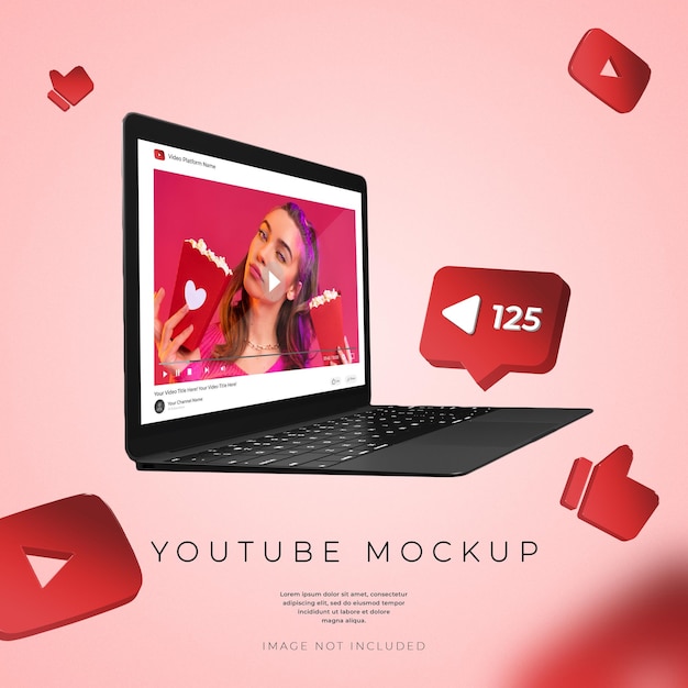 Youtube on laptop 3d render banner