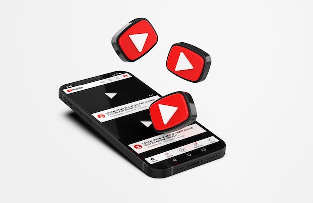 Youtube on mobile phone mockup with 3d icons