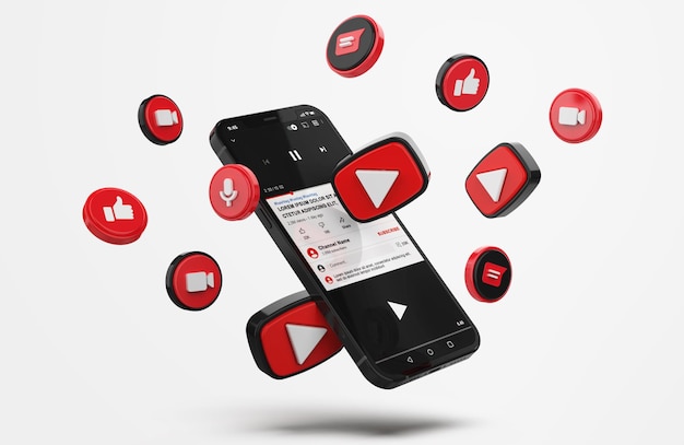 Youtube on mobile phone mockup with 3d icons