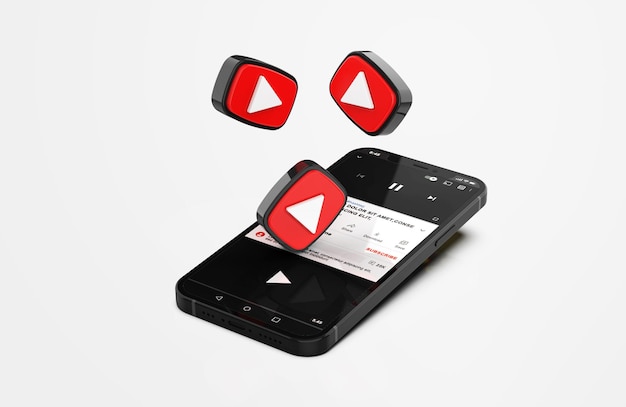 Youtube на макете мобильного телефона с 3d иконами