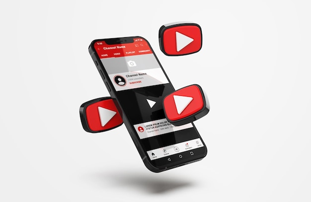 PSD youtube op mobiele telefoonmodel met 3d-pictogrammen