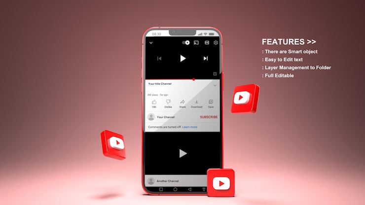 PSD 휴대 전화의 youtube 페이지 3d 렌더링 모형 및 3d youtube 아이콘