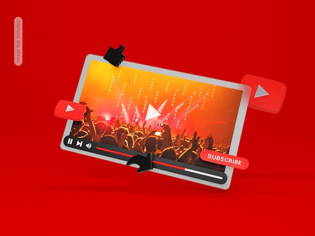 PSD youtube player mockup 3d rendering