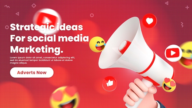 Youtube social media banner post template with social networking logos and icon around 3d megaphone