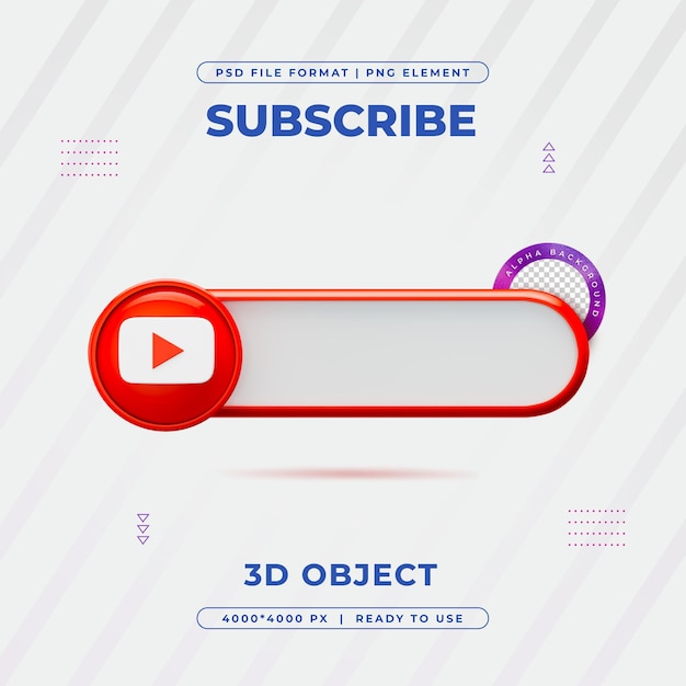 PSD sottoscrivi youtube banner element icon isolato render 3d