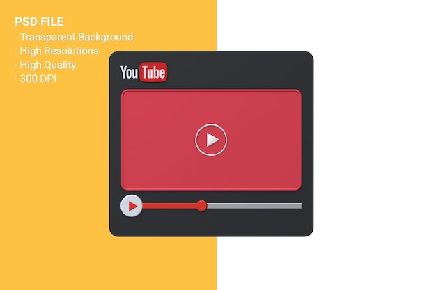 PSD youtube video player 3d screen design or video media player interface