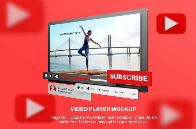 PSD mockup del lettore video youtube in stile 3d