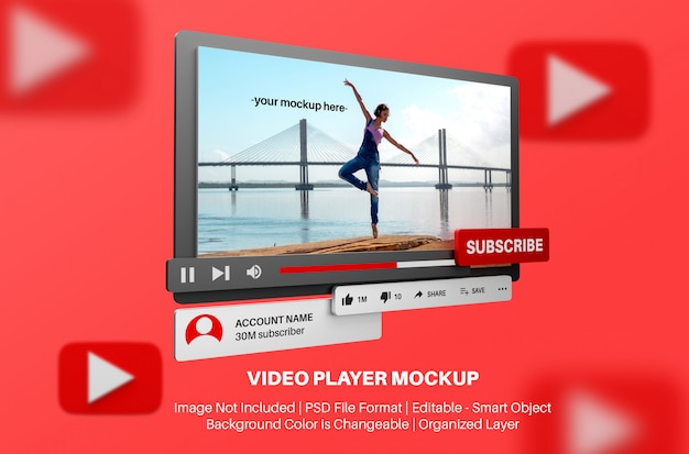 Youtube video player mockup in 3d style