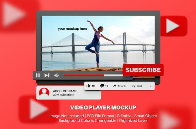 PSD youtube video player mockup in 3d style