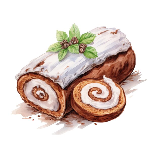 PSD yule log cake foods ilustracja akwarelowy styl ai generowany