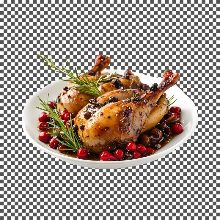 PSD вкусный тушеный фазан с елью, выделенным на прозрачном фоне