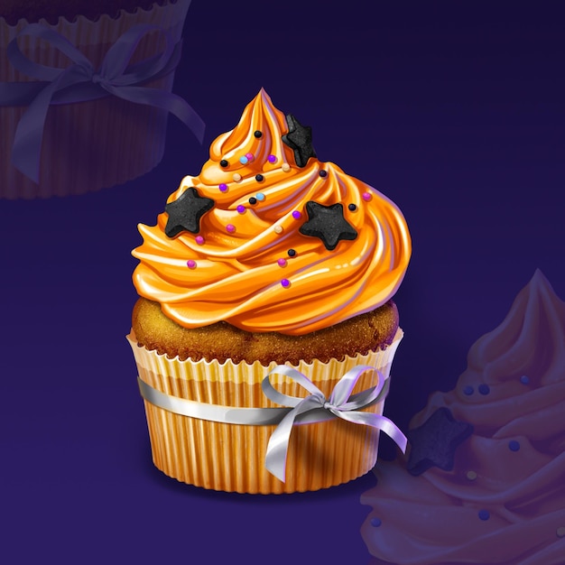 PSD 紫色の背景にクリームと装飾が施されたおいしいカップケーキ