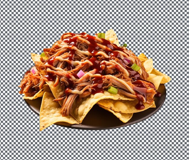 Yummy and delicious bbq pork nachos isolated on transparent background