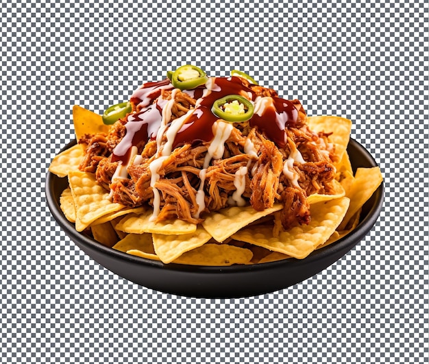 Yummy and delicious bbq pork nachos isolated on transparent background