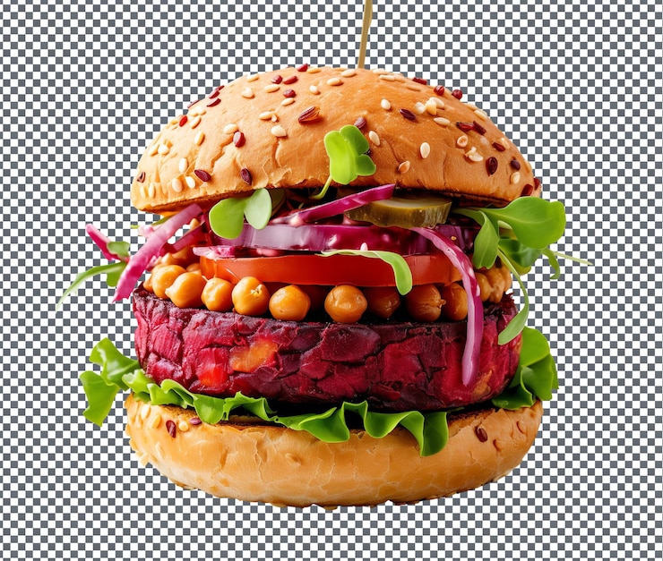 PSD yummy and delicious beetroot and chickpea burger isolated on transparent background
